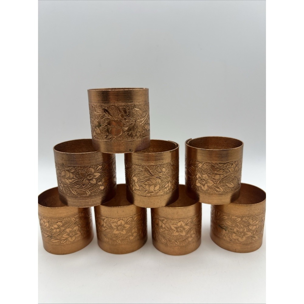 Vintage Coppercraft Guild Napkin Ring Holders Tooled Floral Pattern Set of 8